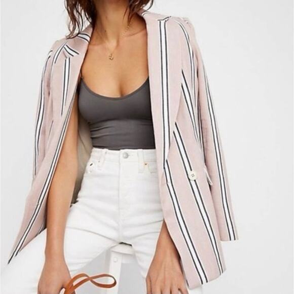 FREE POPLE Uptown Girl Double Breasted Blazer Pink Stripe {3R54} - Picture 3 of 9